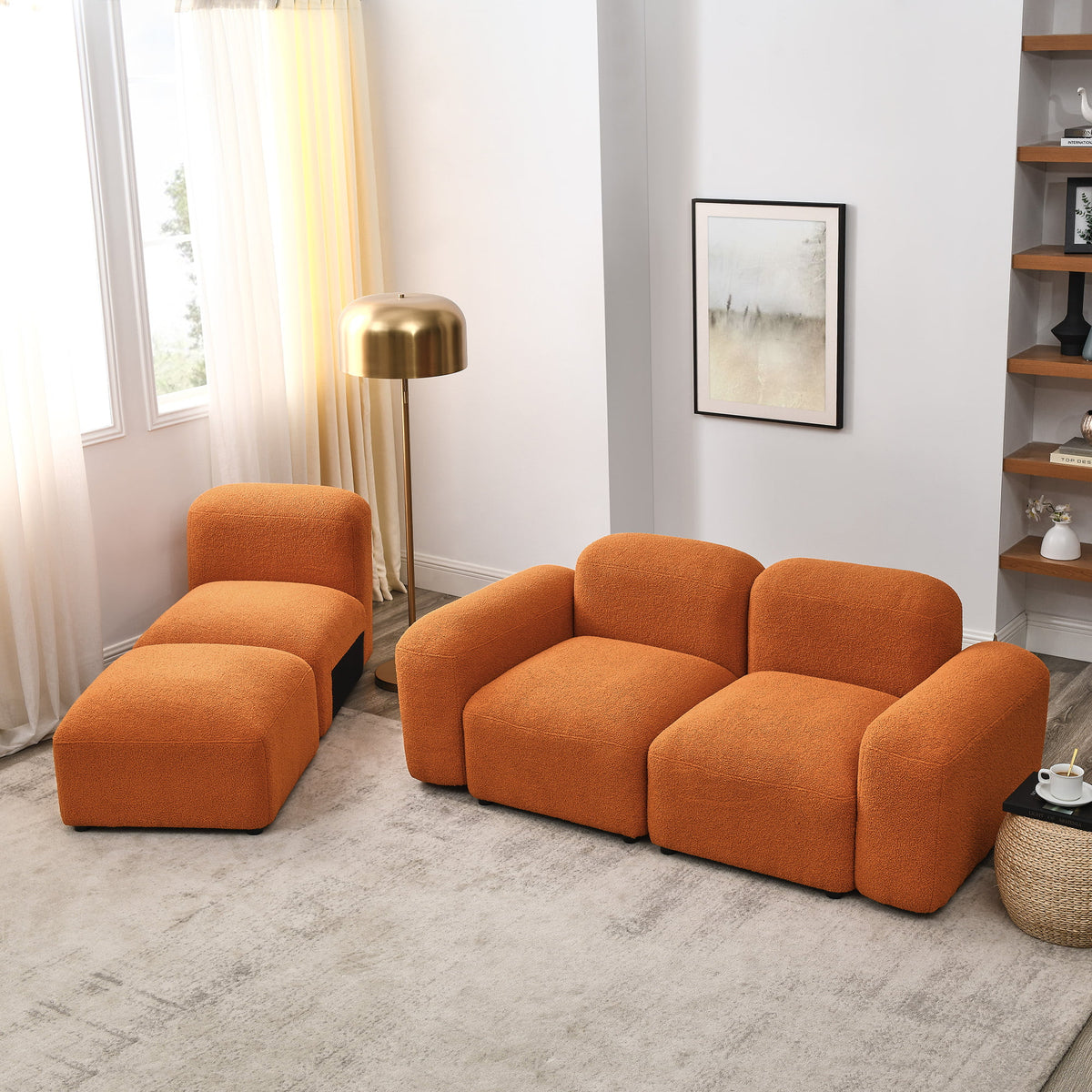 L-Shape Modular Sectional Sofa with 2 Pillows Teddy Fabric Orange Y32455