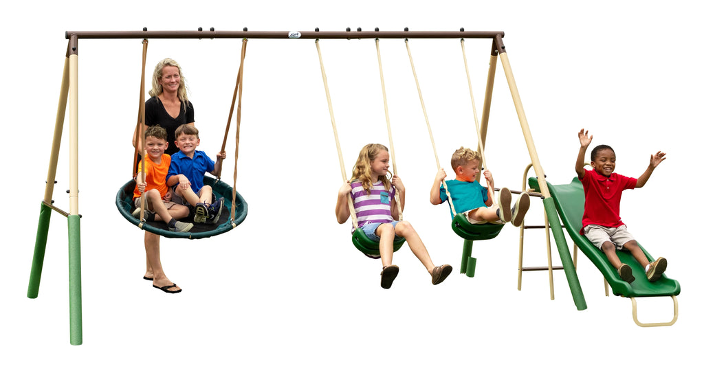 Steel Swing Set with Disc Swing, Swing Seats, Wave Slide Q97550