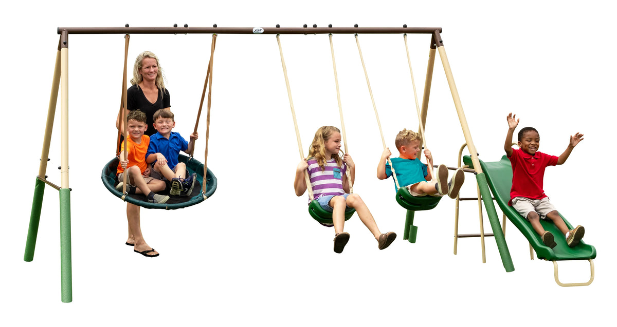 Steel Swing Set with Disc Swing, Swing Seats, Wave Slide Q97550