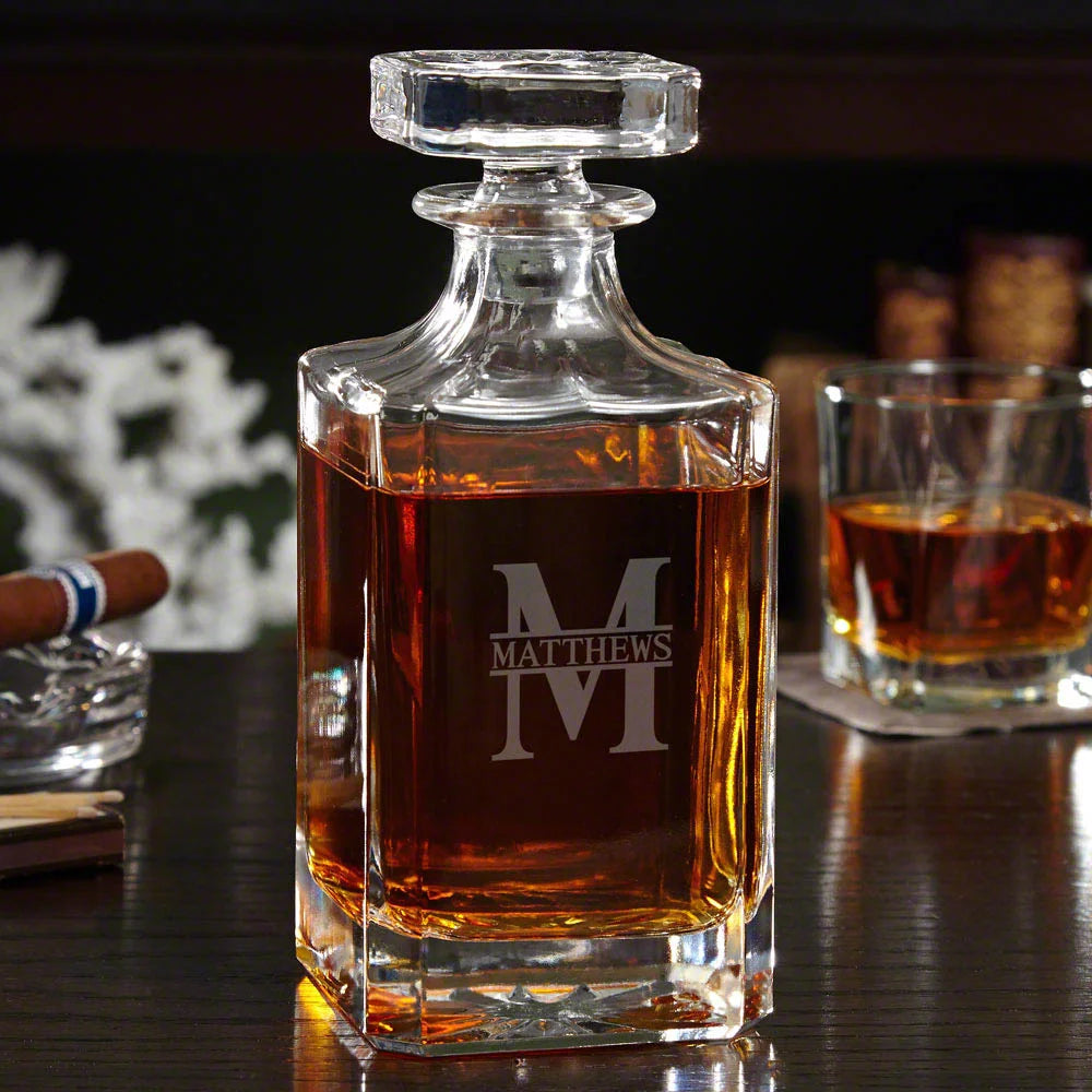 Etched Whiskey Decanter Set with Square Rocks Glasses M45617