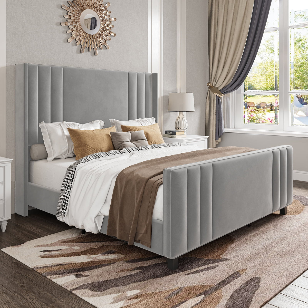 Queen Platform Bed Frame with Vertical Channel, Cream T54176