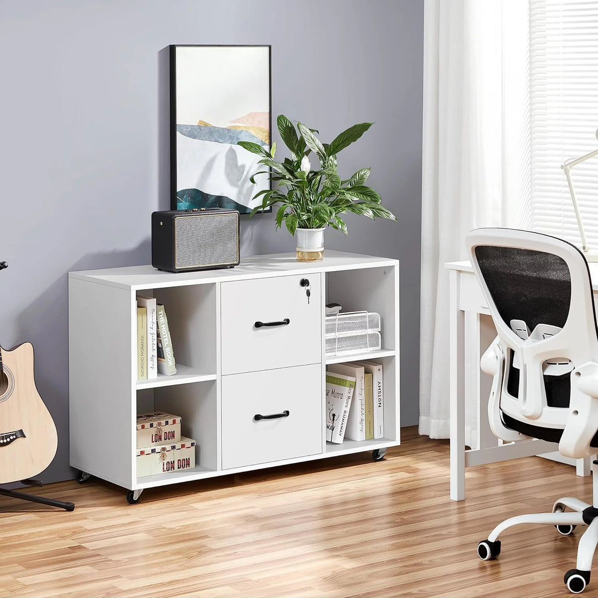 Black Mobile Filing Cabinet with 2 Drawer and 4 Open Compartments X2050