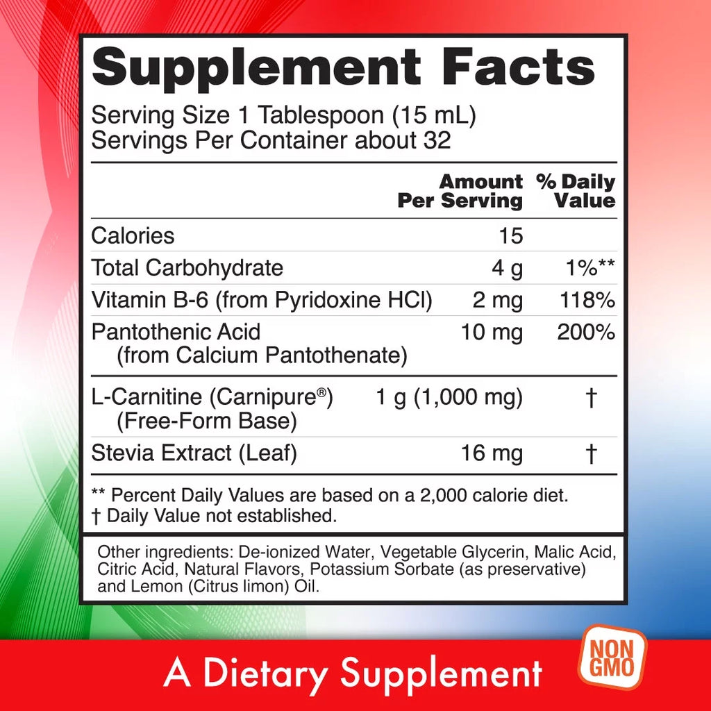 L-Carnitine 1000MG Vitamin B6 Citrus Flavor 16 Oz H432