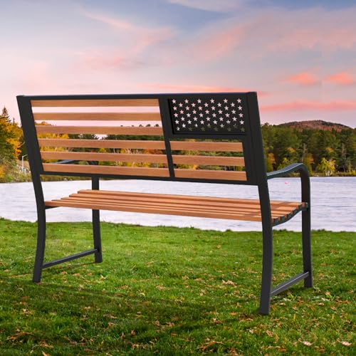 50” 2-Person Metal Patio Bench with Flag Pattern Backrest E406