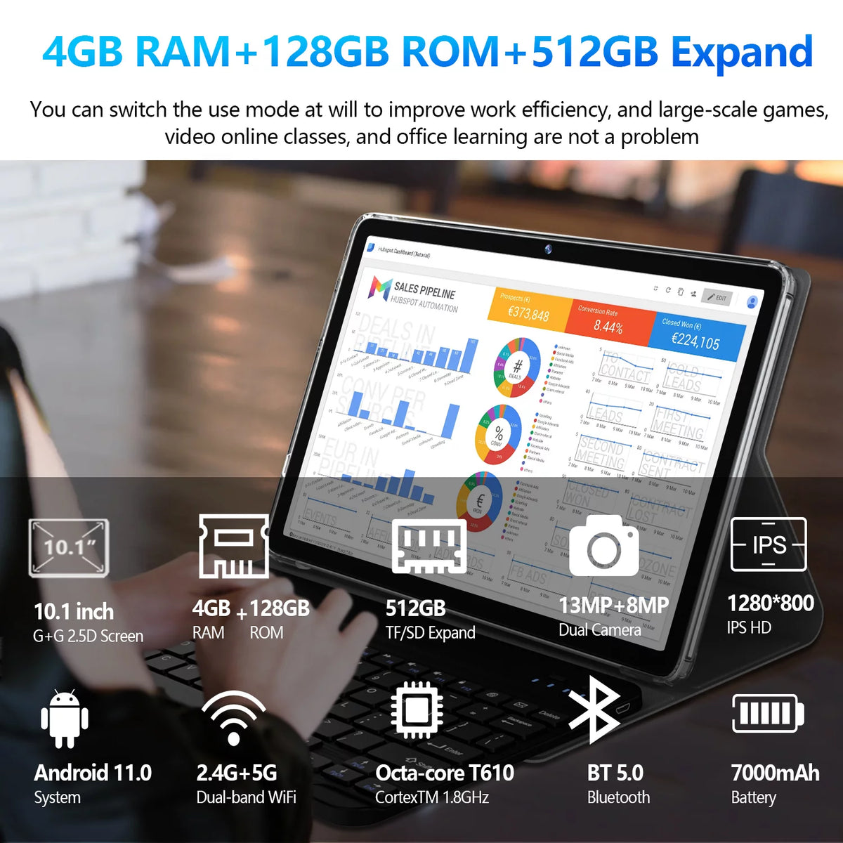 10.1 inch 128GB Android 12 Tablet with Keyboard K21596