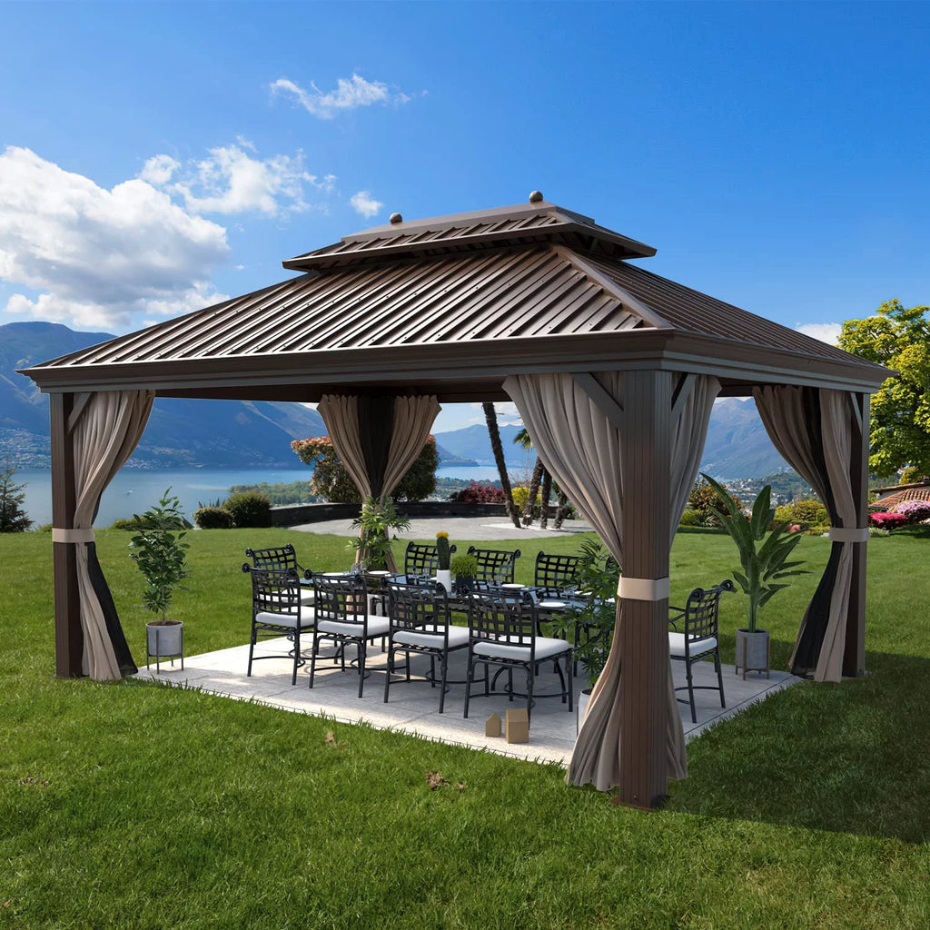 12 ft x 16 ft Brown Steel Hardtop Gazebo X8406