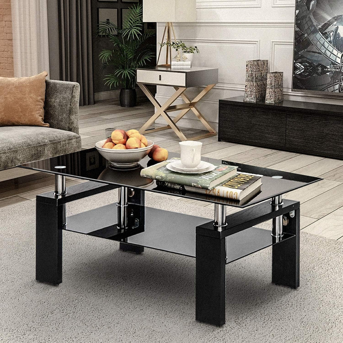Black Rectangle Glass Coffee Table with Shelf and Wooden Legs G9087