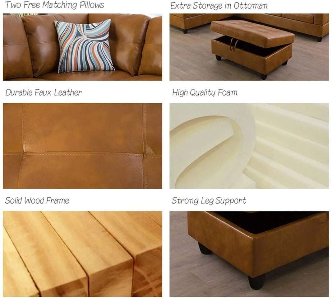 Caramel Leather Sectional Sofa with Storage Ottoman E8674
