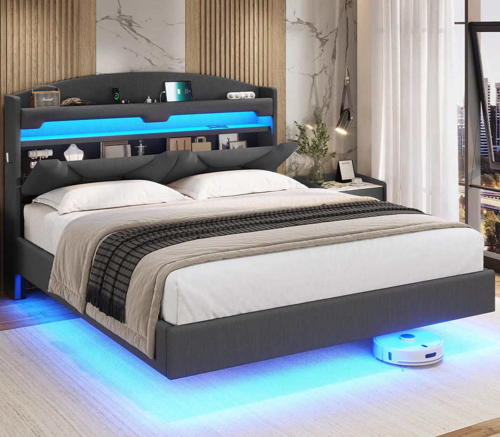 Floating Full Size Upholstered Platform Bed with Storage Headboard X741443