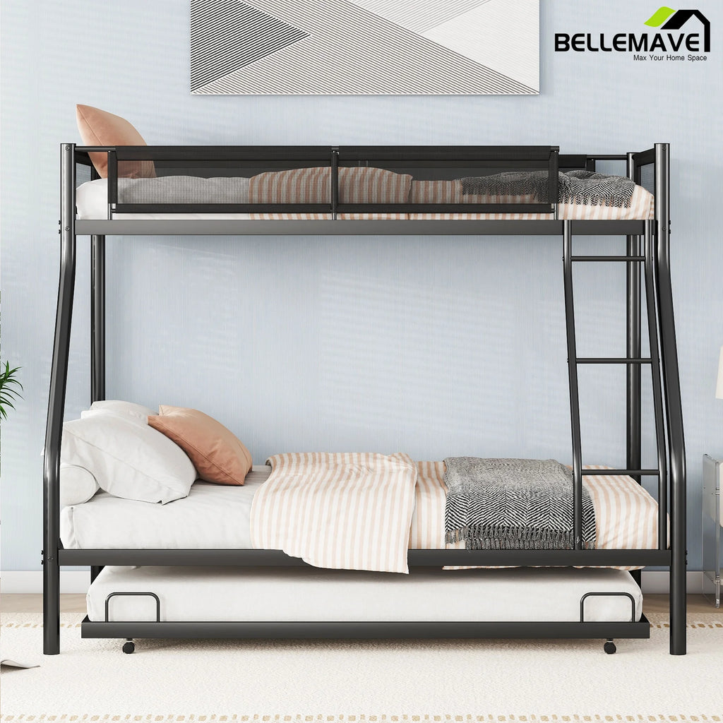 Twin over Full Size Metal Bunk Bed with Trundle and Textilene Guardrail F131573